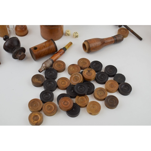 436 - A good collection of treen items to include dice shaker, gaming chips, auctioneers gavel's, S.Maw, S... 