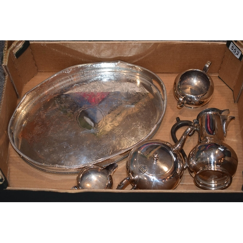 553 - A quantity of silver-plated items to include tea service and tray. (Qty)