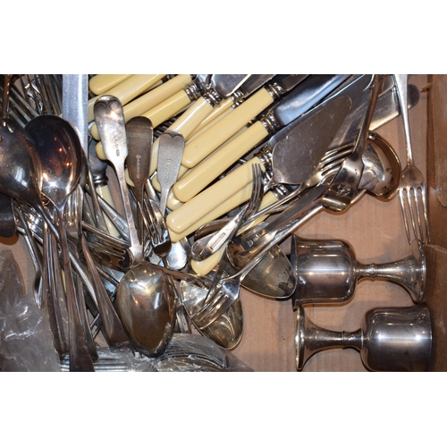 599 - A collection of silver plate to include a nurses belt, goblets, a tankard, cutlery and others (Qty).