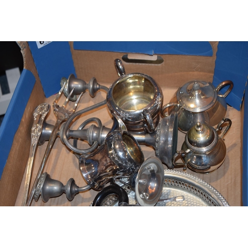 610 - Silver plated items to include a pair of candelabras, a tea set and others (Qty).