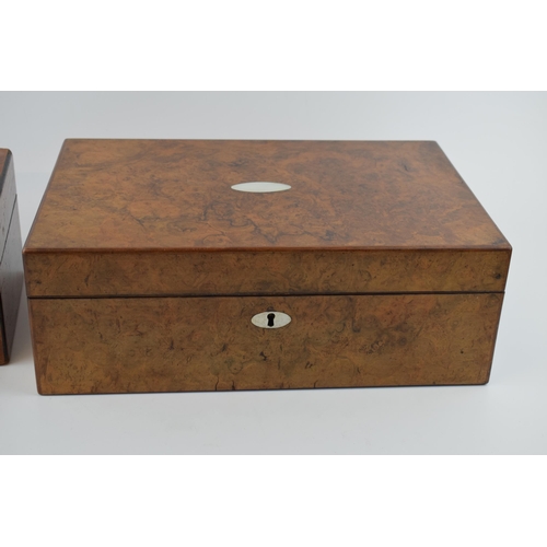 442 - A burr walnut writing slope with mother of pearl inlay and escutcheon with a similar box (2), larges... 