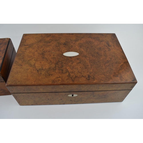 442 - A burr walnut writing slope with mother of pearl inlay and escutcheon with a similar box (2), larges... 