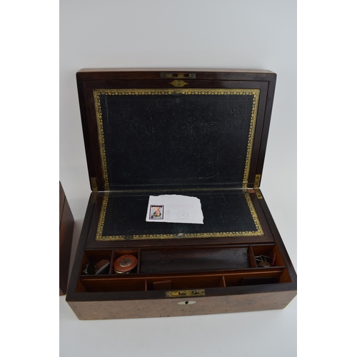 442 - A burr walnut writing slope with mother of pearl inlay and escutcheon with a similar box (2), larges... 