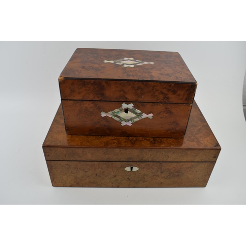 442 - A burr walnut writing slope with mother of pearl inlay and escutcheon with a similar box (2), larges... 