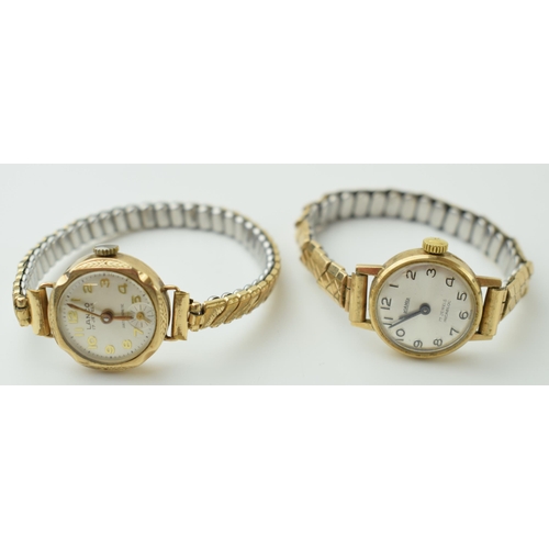 526 - A pair of 9ct gold cased lady's wristwatches on metal bracelets, to include a Roamer and a Lanco, bo... 