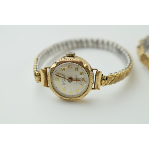 526 - A pair of 9ct gold cased lady's wristwatches on metal bracelets, to include a Roamer and a Lanco, bo... 