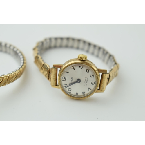 526 - A pair of 9ct gold cased lady's wristwatches on metal bracelets, to include a Roamer and a Lanco, bo... 