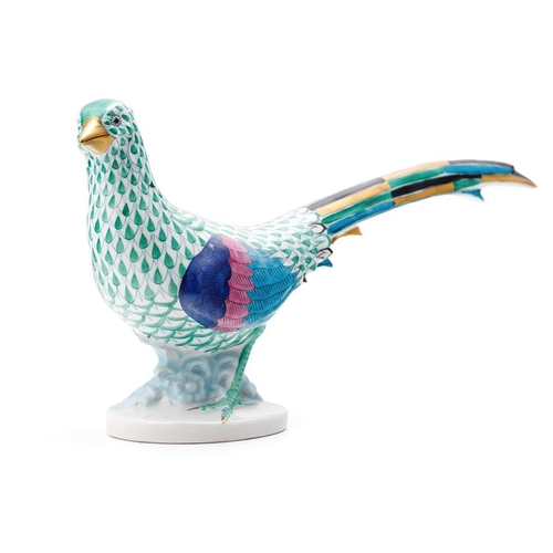 Herend pottery (Hungary) figure of a Pheasant, pattern 5179,  in green fishnet decoration, 32cm long.
