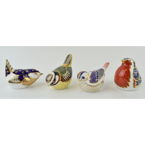 139 - Four Royal Crown Derby bird paperweights, Goldcrest, date code for 1991 (LIV), Wren, gold stopper, d... 