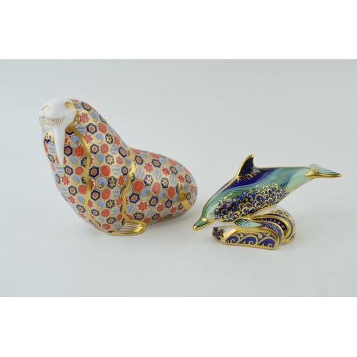 140 - Two Royal Crown Derby paperweights, Walrus, 11cm high, decorated In a kaleidoscopic patchwork of Jap... 