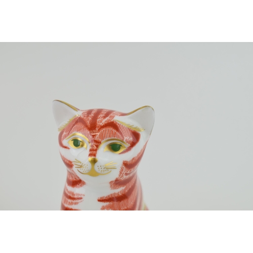 148 - Three Royal Crown Derby Cat paperweights, Ginger Tomcat, 13cm high, gold stopper and red Royal Crown... 