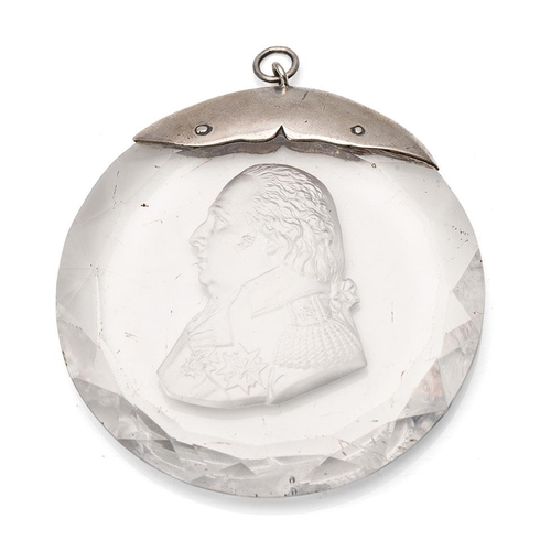 Silver mounted sulfide portrait medallion of Louis XVIII by Louis Desprez of Paris, circa 1814-1824. Made from White Sulphide and Glass. 9cm tall.
