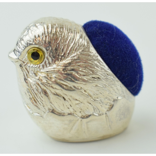 101 - Contemporary silver miniature pin cushion in the form of a chick, 24mm tall, blue velvet pin cushion... 