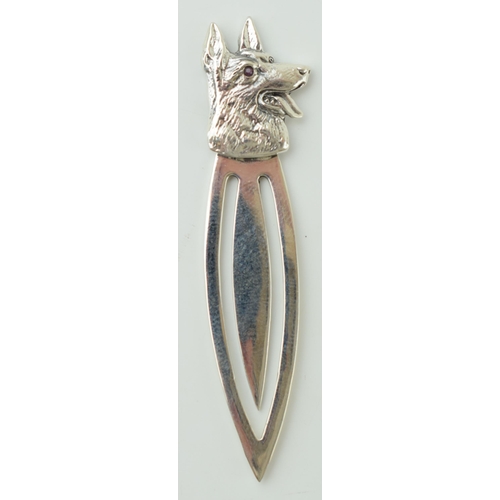 104 - Contemporary silver bookmark with an alsatian's head finial, 5cm long.