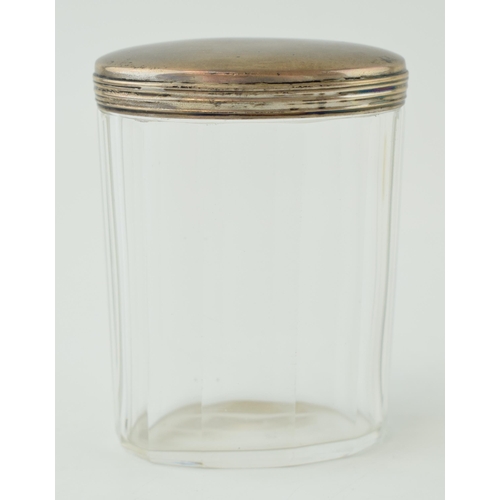 108 - Silver topped glass jar, London 1903, 9cm tall.