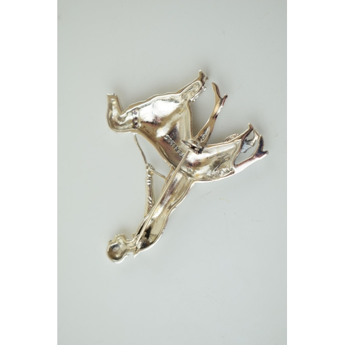 58 - Contemporary silver brooch in the form of a lady walking her dog, Art Deco style, 9.9g, stone set co... 