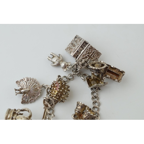 78 - Silver charm bracelet with charms to include a crown, a bear and others, 46g.