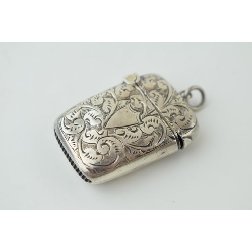 96 - Hallmarked silver vesta case, 7.3g, vacant cartouche, 42cm tall.