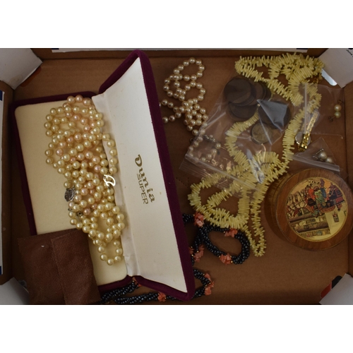 132 - A mixed collection of costume jewellery to include pearls, necklaces, UK and foreign coins and a woo... 