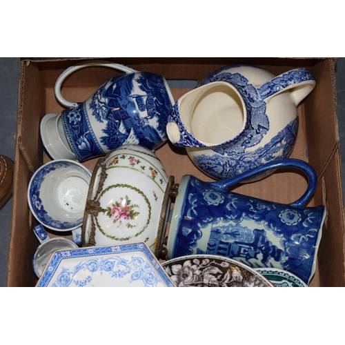 137 - Early ceramics to include cups and saucers, dinner ware, an unusual shaped blue and white jug with o... 