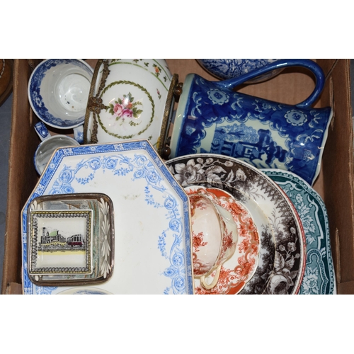 137 - Early ceramics to include cups and saucers, dinner ware, an unusual shaped blue and white jug with o... 