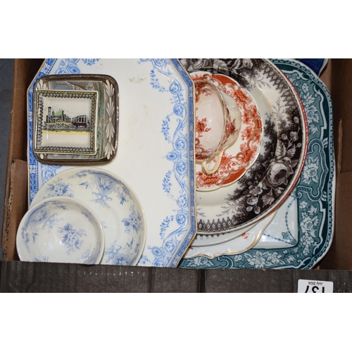 137 - Early ceramics to include cups and saucers, dinner ware, an unusual shaped blue and white jug with o... 