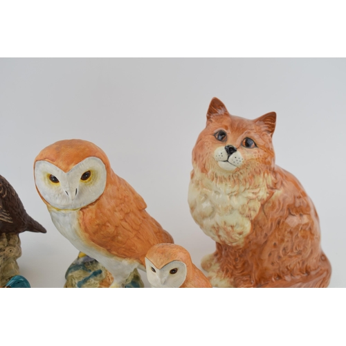 157 - Beswick to include a large Barn Owl, a ginger sitting Persian cat 1867, a Doulton Famous Grouse deca... 