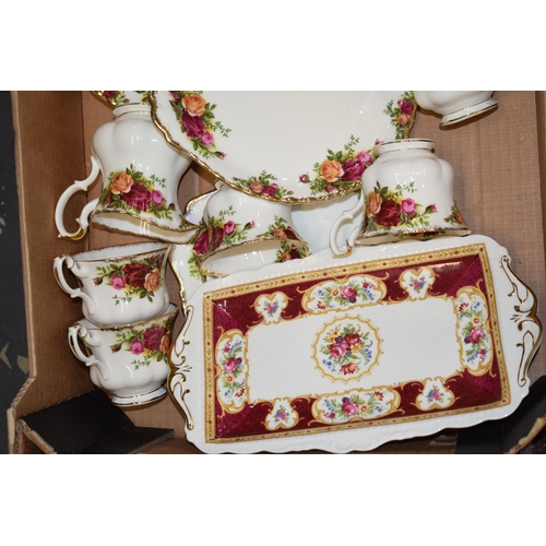 233 - Royal Albert Old Country Roses to include a 6 cups, 6 saucers, 5 side plates, larger plates, a cake ... 