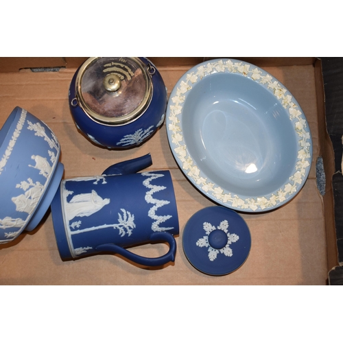 266 - Wedgwood to include a Jasperware sacrifice bowl, a dip blue coffee pot (damaged), a biscuit barrel w... 