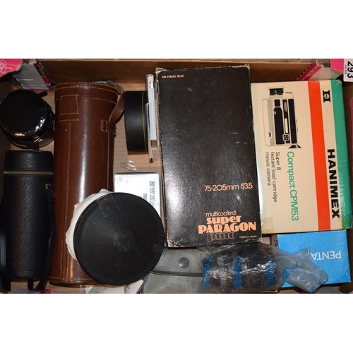 293 - A collection of photography equipment to include lenses and accessories. To include SUN AGOR Tele-Zo... 