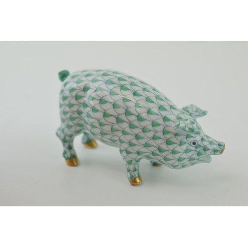 3 - Herend Pottery figure of a Pig, in green fishnet decoration, 9cm long.