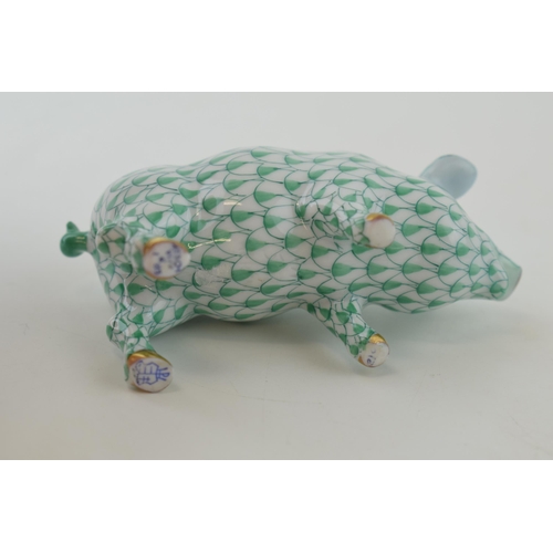 3 - Herend Pottery figure of a Pig, in green fishnet decoration, 9cm long.