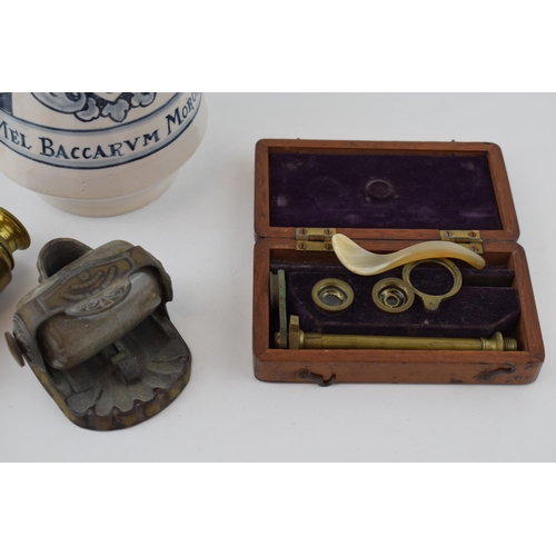 354 - Scientific interest to include a brass three drawer telescope, a Perry and Co London inkstand, a min... 