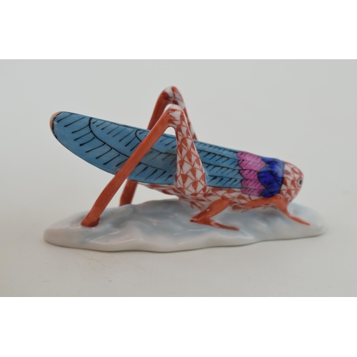 4 - Herend Pottery figure of a Cricket, in red fishnet decoration, 8cm long.