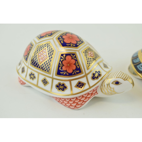 44 - Two Royal Crown Derby paperweights, Turtle in the Old Imari 1128 pattern, date mark for 1987 (L), re... 