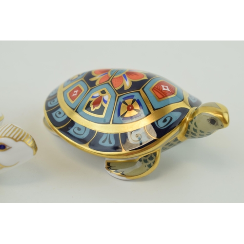 44 - Two Royal Crown Derby paperweights, Turtle in the Old Imari 1128 pattern, date mark for 1987 (L), re... 