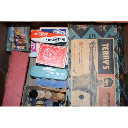 464 - A mixed collection of vintage games, ephemera, advertising tins, postcards and an autograph book. (Q... 