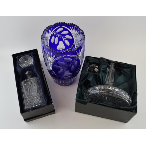 78 - Glassware to include a large Bohemian Cobalt blue cut glass vase, 30cm tall, a boxed Thomas Webb dec... 