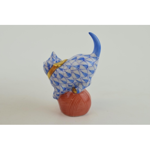 8 - Herend Pottery miniature figure of a Cat playing with a ball, in blue fishnet decoration, 5.5cm tall... 