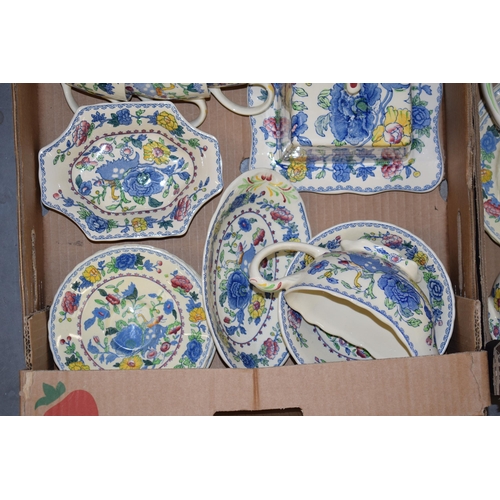 89 - Masons Pottery in the Regency pattern to include a butter dish, a lidded tureen, a cruet set, cups, ... 