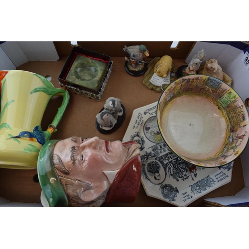 95 - Pottery to include a Beswick Scrooge character jug, Border Fine Arts, a Burleigh Ware Art Deco jug a... 