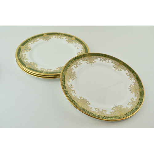 117 - De Lamerie Fine Bone China, Chatsworld Garland pattern in Gold and Green, to include 4 dinner plates... 