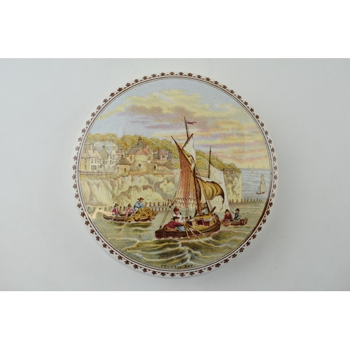 129 - Prattware pot lid 'Pegwell Bay’ Lobster Fishing. Fluer-de-lis border. Diameter 12cm.