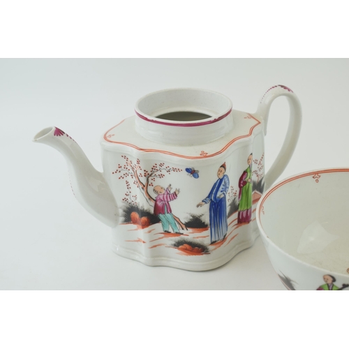 133 - Newhall porcelain shaped teapot and waste bowl, Boy and Butterfly pattern, circa 1795-1800 (2), teap... 