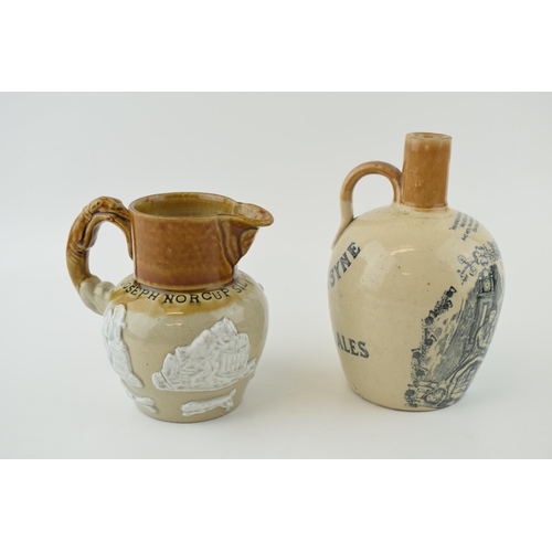 142 - A 19th century stoneware flagon 'Auld Lang Syne Offilers Fine Ales' with curved rear handle, with a ... 