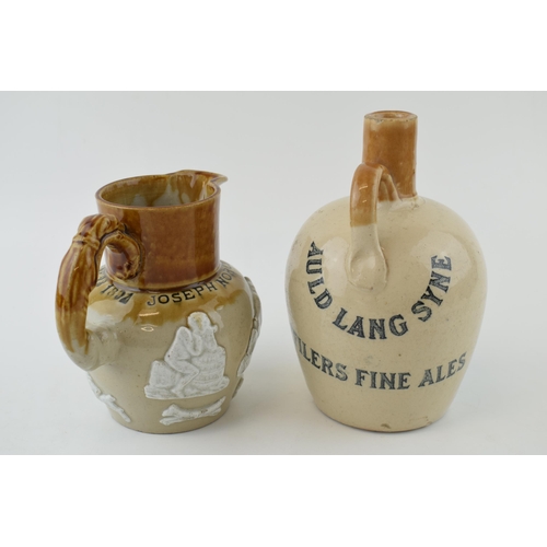 142 - A 19th century stoneware flagon 'Auld Lang Syne Offilers Fine Ales' with curved rear handle, with a ... 