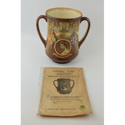 180 - Royal Doulton Queen Elizabeth II loving cup with twin handles, to commemorate the coronation of Quee... 