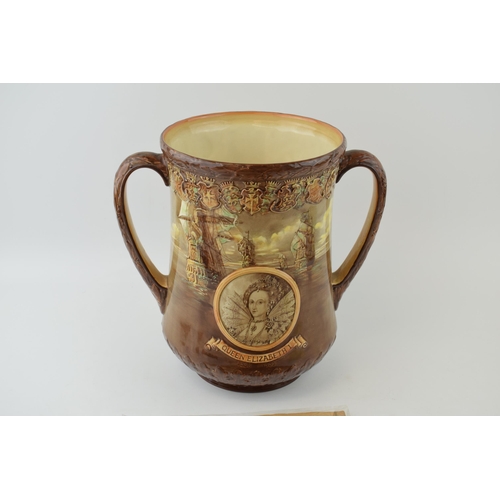 180 - Royal Doulton Queen Elizabeth II loving cup with twin handles, to commemorate the coronation of Quee... 