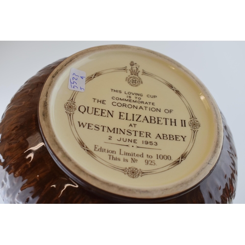 180 - Royal Doulton Queen Elizabeth II loving cup with twin handles, to commemorate the coronation of Quee... 