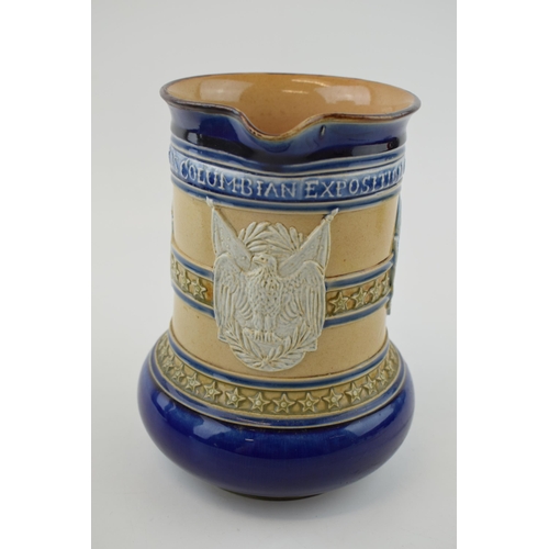 182 - Doulton Lambeth salt glazed stoneware cylindrical jug, Worlds Columbian Exposition 1893, sprigged wi... 